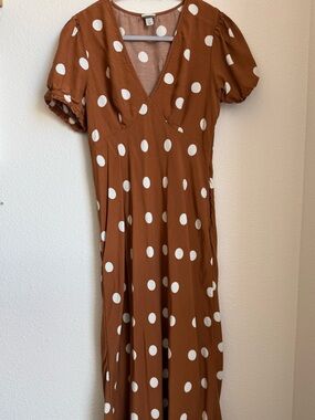 Polka Dot Brown V neck Puff Sleeve Midi Dress